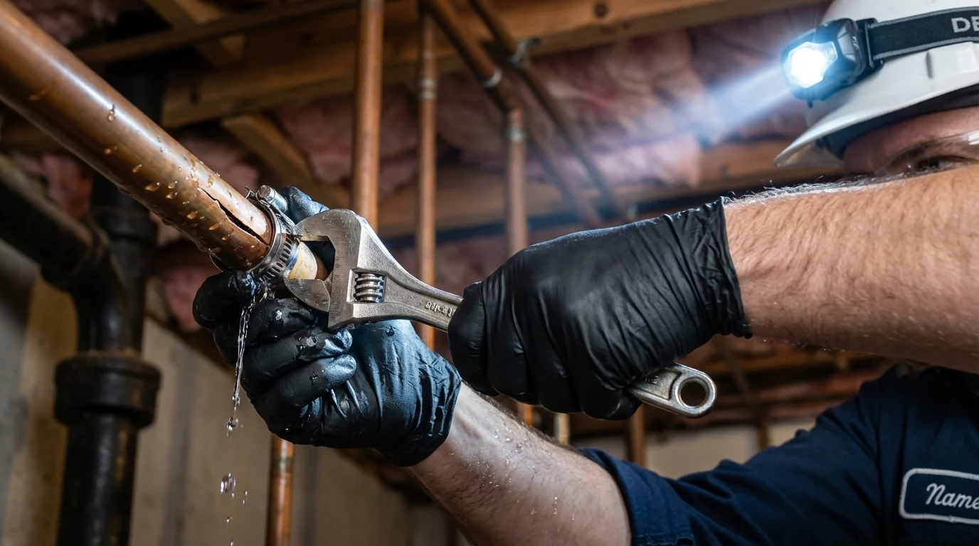 Emergency pipe clamp repair being performed by a Johns Plumbing LLC plumber in Rayne
