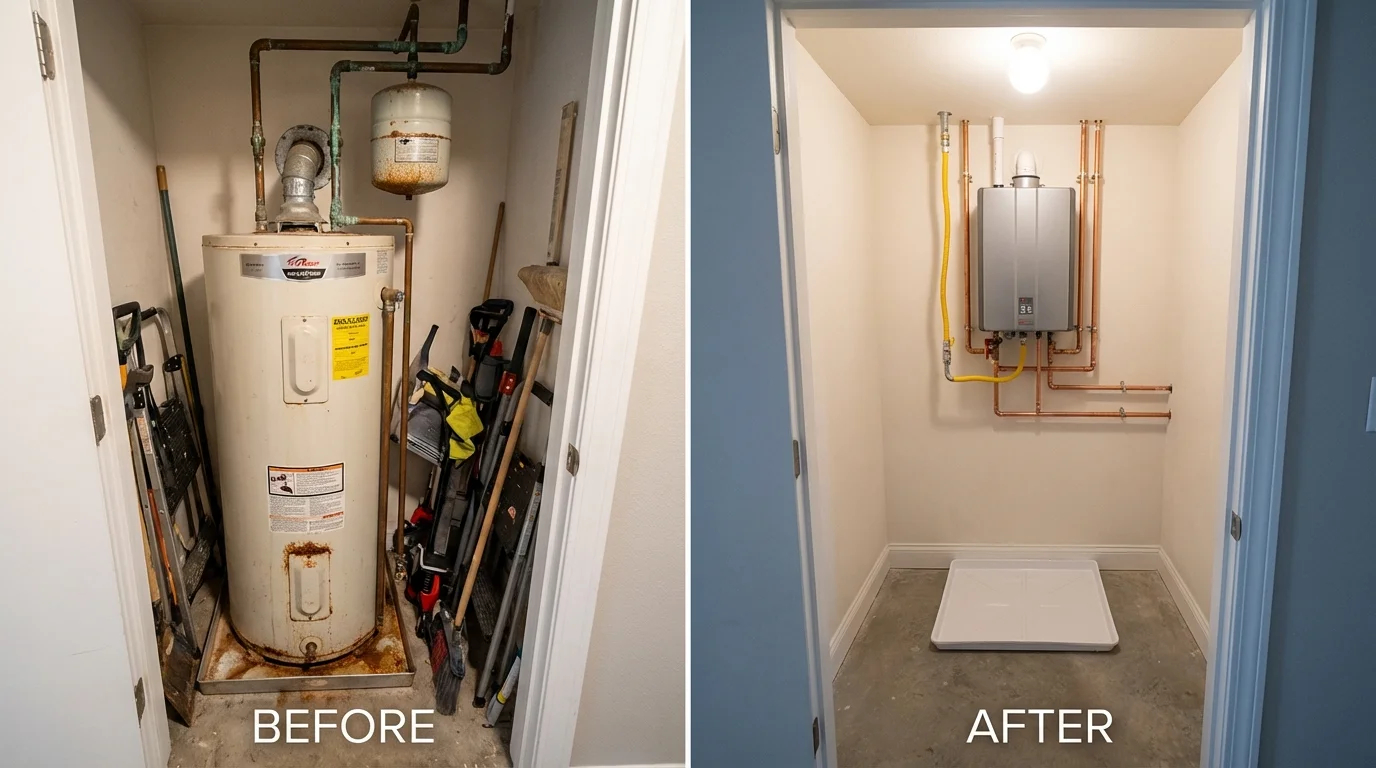 Tank water heater versus wall-mounted tankless unit comparison for Rayne, LA homeowners