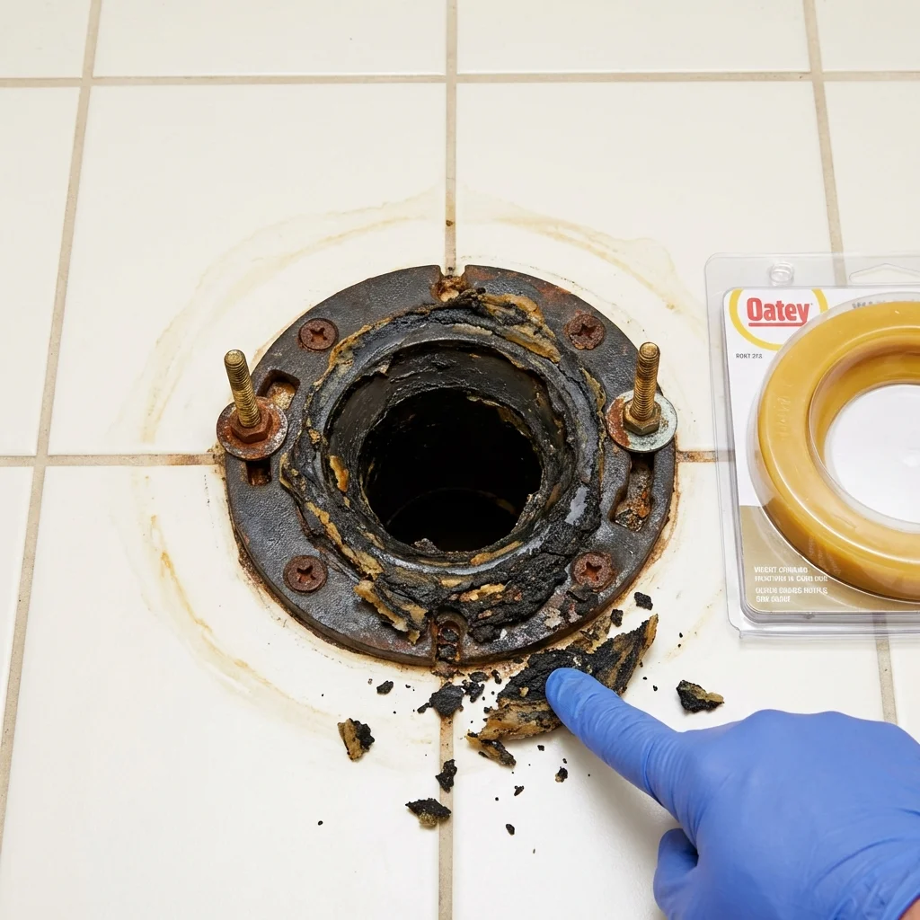 Failed wax ring showing water seepage at the base of a toilet in a Rayne, LA home