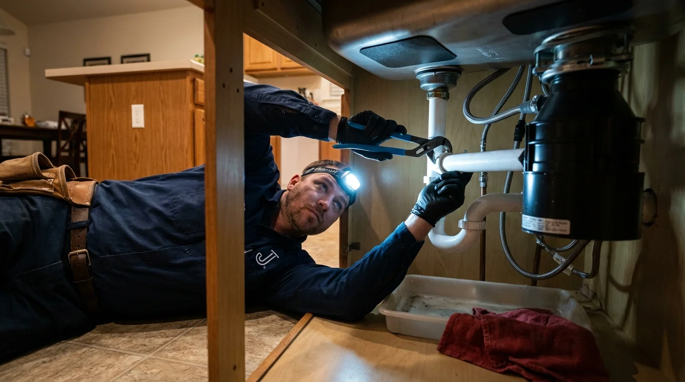 P-trap and supply line connections under a kitchen sink showing a common leak point in Rayne, LA